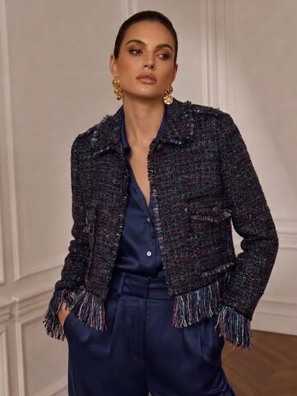 Zara For the Republic Size 4 Navy Blue Multicolor Tweed Fringed Cropped Blazer